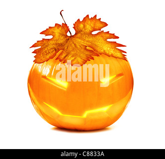 Halloween glowing pumpkin isolated on white background, traditional spooky jack-o-lantern, american autumn holiday Stock Photo