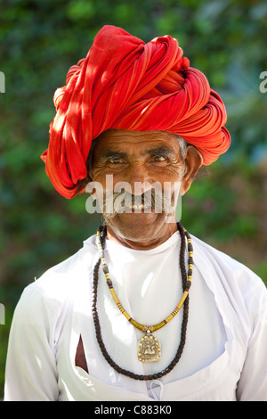 Indian man with traditional Rajasthani turban in Narlai village in Rajasthan, Northern India Stock Photo