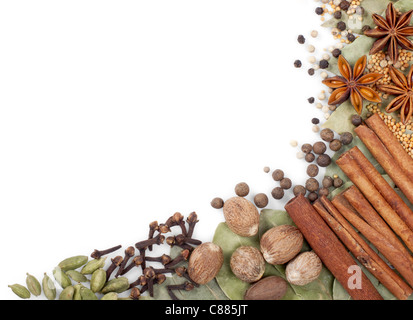 Background of different spices over white Stock Photo