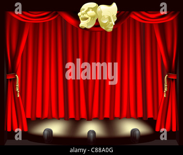 Theatre stage with curtains, footlights, and comedy and tragedy masks Stock Photo