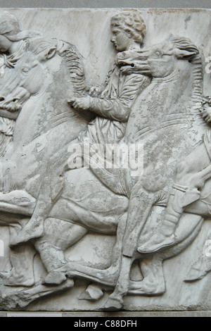 Detail of the Elgine’s marble frieze from Parthenon seen at the British Museum in London, England, UK. Stock Photo