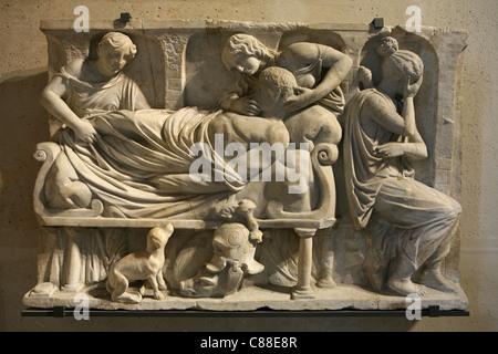 Death of Meleager at the Roman relief from 2nd century AD from the Borghese Collection on display in the Louvre Museum in Paris, France. Stock Photo