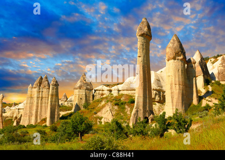 The Fairy Chimneys of Love Valley at sunrise - Cappadocia Turkey Stock Photo