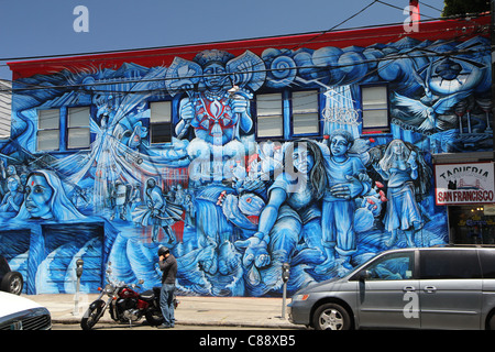 Beautiful blue wall art just off 24th Street in The Mission district in San Francisco, California, USA Stock Photo