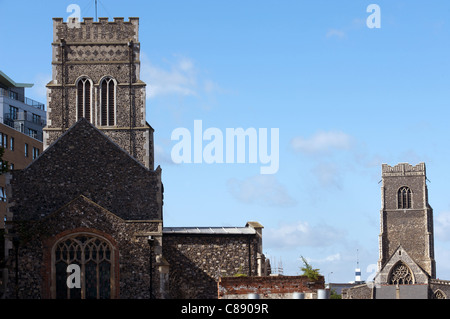 St Mary's at the Quay church and St Peter's which were both Mariners churches and now disused, Ipswich, Suffolk, UK. Stock Photo
