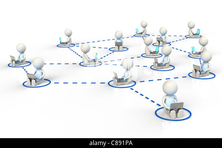 3D little human characters X14 in a network. Blue and illuminative Screens. Stock Photo