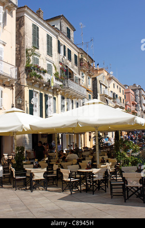 PAVEMENT CAFES IN THE KAPODISTRIOU AREA OF CORFU TOWN. CORFU. Stock Photo