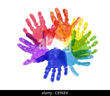 a flower made out of children's hand prints in rainbow colors Stock Photo