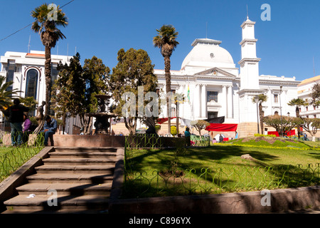 Corte suprema de Justicia view from Parque Bolivar, Sucre old city, Bolivia (UNESCO world heritage) Stock Photo