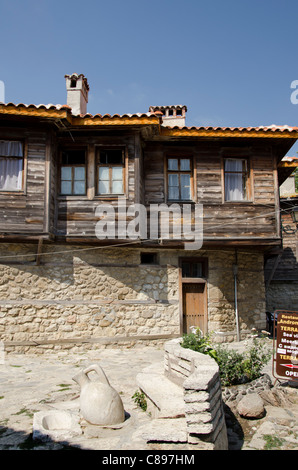 Bulgaria, Nessebur (aka Nessebar or Nesebar). Historic Bulgarian style construction homes. Stock Photo