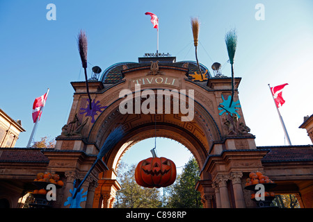 Main entrance to the Tivoli Gardens in Copenhagen, Denmark, dressed up for Halloween for the kids in school mid-term holiday Stock Photo