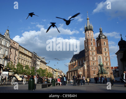 Pigeons flight on Main Square in Cracow with St. Marry's Basilica in the background Stock Photo