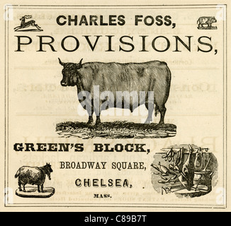 1870 advertisements for Charles Foss Provisions, Green's Block, Broadway Square, Chelsea. Stock Photo