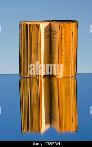 old book on mirror and reflection on sky background Stock Photo