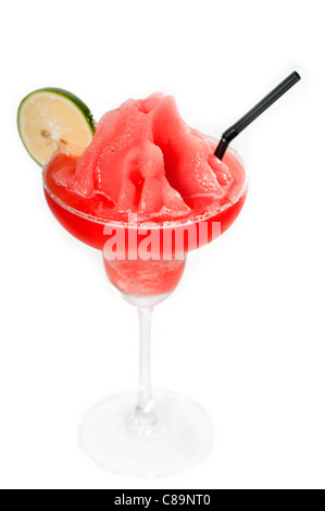 frozen strawberry margarita daiquiri with lime and black straw isolated on white background Stock Photo