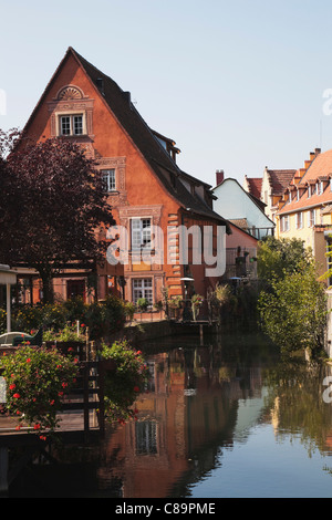 France, Alsace, Colmar, Haut-Rhin, Alsatian Wine Route, Petite Venise, View of houses near canal Stock Photo