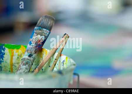 Close up of dirty paint brushes Stock Photo
