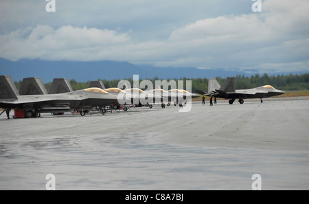 Fifteen F-22 Raptors from the 90th Fighter Squadron at Elmendorf Air Force Base, Alaska Stock Photo