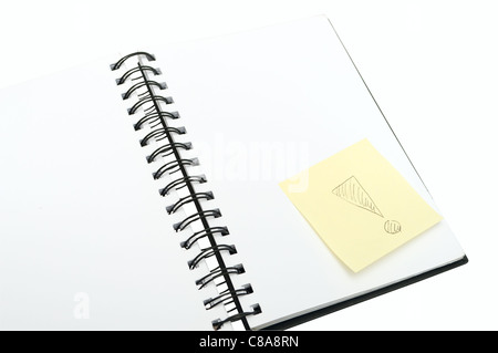 Empty Notebook and Yellow Memo Stick Exclamation Mark on White Background Stock Photo