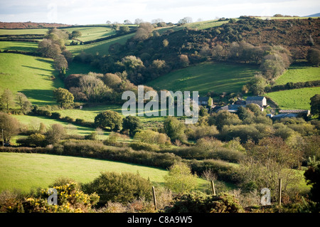 Rolling devon fields near Moretonhampstead on the slopes of Dartmoor, Devon,A view across farmland and moorland from Mardon. Stock Photo