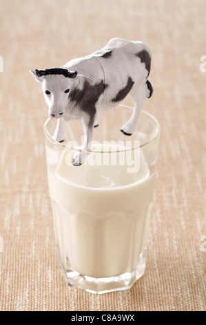 Glass of milk and cow figurine Stock Photo