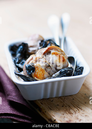 paupiette stuffed with mushromms ,black trumpet mushrooms Stock Photo