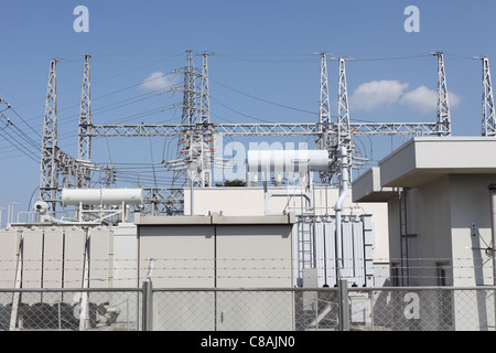 Electric power transformation substation with blue sky Stock Photo