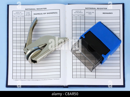 A notary public's stamper, embosser, and record book Stock Photo