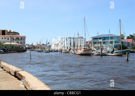 Boats on Haulover Creek, Fort George, Belize City, Belize, Caribbean, Central America Stock Photo