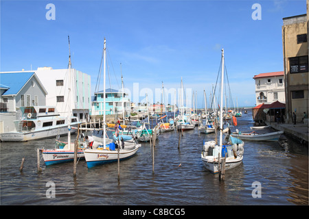 Boats on Haulover Creek, Marine Terminal on left, Fort George, Belize City, Belize, Caribbean, Central America Stock Photo