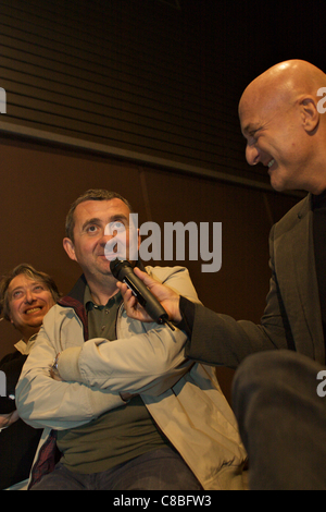 'BAR SPORT' - Claudio Bisio (Italian Comical Actor) interviewing his colleague Stefano Bicocchi lika a joke Stock Photo