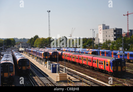 Parked trains at Clapham Junction Railway Station, Battersea, London Borough of Wandsworth, Greater London, England, United Kingdom Stock Photo