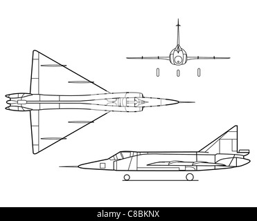 3 view aircraft line art drawing F102 Stock Photo