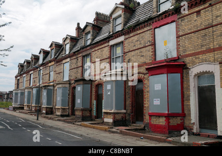 Row of boarded up houses in Venmore St, part of the Liverpool County Council Regeneration area close to Anfield, Liverpool.  Aug 2011 Stock Photo