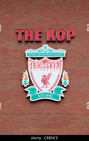 Liverpool official badge on the external wall of the Kop end at Anfield, the home ground of Liverpool Football club. Stock Photo