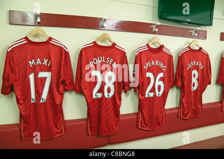 Line of player shirts on display in the home team changing room at Anfield, the home ground of Liverpool Football club.  Aug 2011 Stock Photo