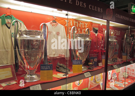 European Champions League trophy cabinet at Anfield, the home ground of Liverpool Football club. Stock Photo