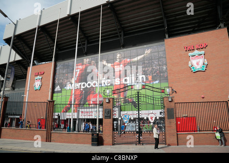 External view of the Kop end of Anfield, with the Paisley Gate at the home ground of Liverpool Football club.  Aug 2011 Stock Photo