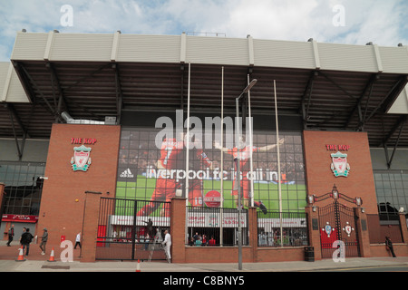 External view of the Kop end of Anfield, with the Paisley Gate at the home ground of Liverpool Football club.  Aug 2011 Stock Photo