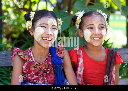 Unidentified children wearing traditional Thanaka cream in Bagan, Myanmar Stock Photo