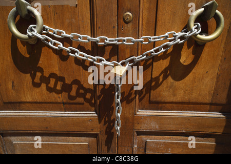 A building in L'Aquila, Italy, locked up up after the 2009 earthquake. Stock Photo