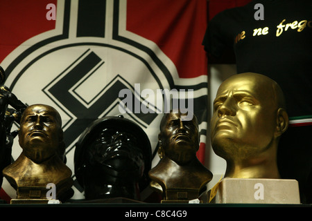 Busts of Italian Fascist dictator Benito Mussolini and Fascist souvenirs in a souvenir shop in Predappio, Italy. Stock Photo