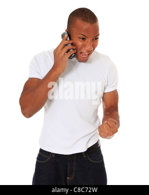 Attractive black man being angry during phone call. All on white background. Stock Photo