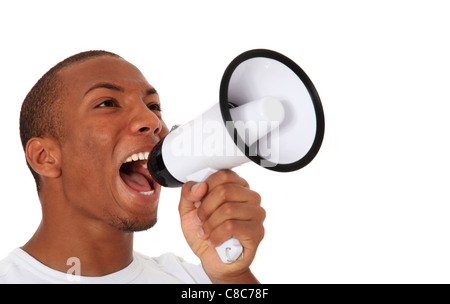 Attractive black using megaphone. All on white background. Stock Photo