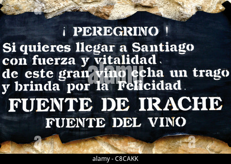 Spain, St. James Way:  Historic welcome signal at the wine fountain of Irache Stock Photo