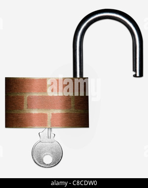 Home Security Issues concept. Unlocked padlock with a brick wall superimposed on the body. Stock Photo
