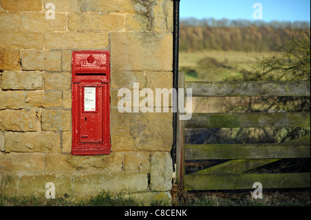 © Tony Bartholomew Late afternoon light on a stone wall and red post box in a village near Scarborough, North Yorkshire. Stock Photo