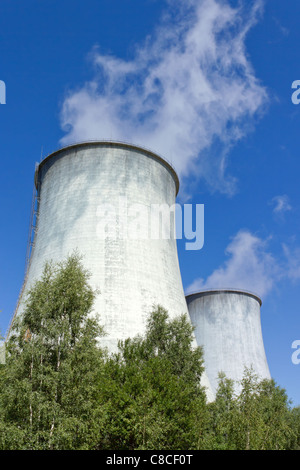 cooling towers under blue sky Stock Photo
