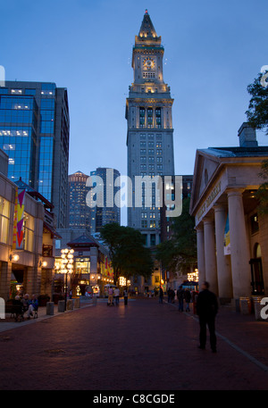 Quincy Market and Custom House Tower at night. Boston, Massachusetts Stock Photo