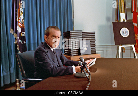RICHARD NIXON (1913-1994) 37th President of the USA during TV address 29 April 1974  explaining release of Watergate transcripts Stock Photo